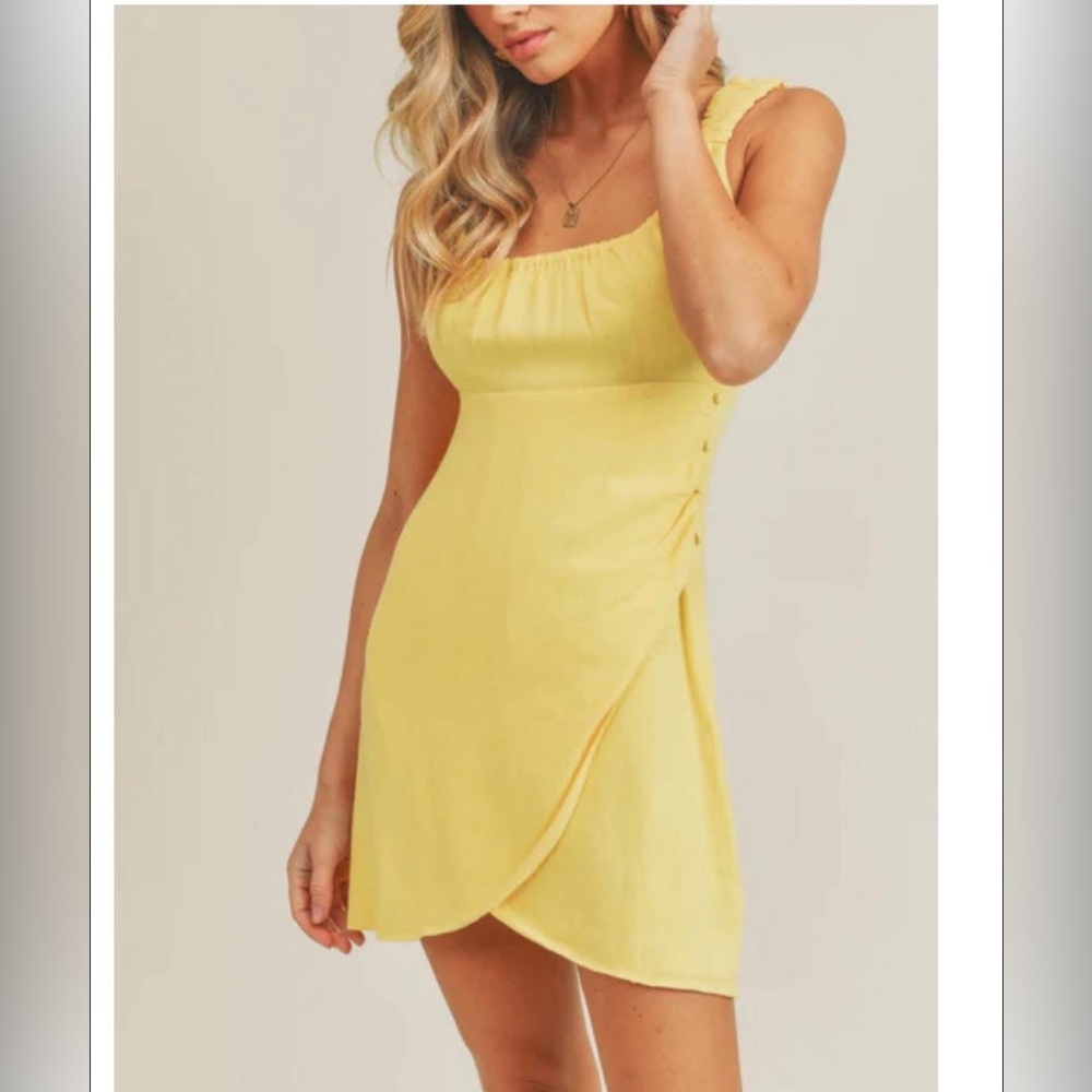 NWT Lush Linen Tulip Hem Sundress Mini Lemon Yellow Sleeveless Ruffle Wrap Small